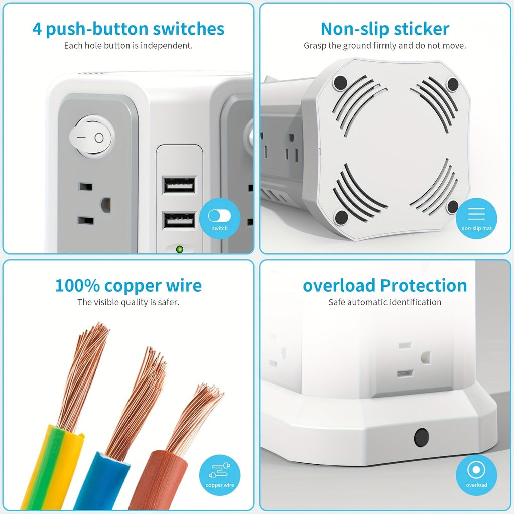 Tower Surge Protector Power Strip 12 Outlets 5 USB Ports PD 18W USB-C Fast Charging 10FT Extension Cord 1800J Surge Protection 4 Independent Switches Home Office Desk Dorm Room Vertical Design