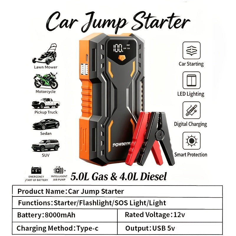 10000A Car Jump Starter 7-in-1 with 150PSI Air Pump – Portable Battery Booster for Gas Up to 10L & Diesel Up to 8L, Power Bank, Vehicle Emergency Kit