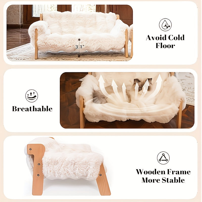 Elevated Pet Sofa Bed Solid Wood Frame Bamboo Mat Replaceable Fleece Mattress Modern Lounge Chair for Small Medium Dogs Cats Gray White Bamboo Style