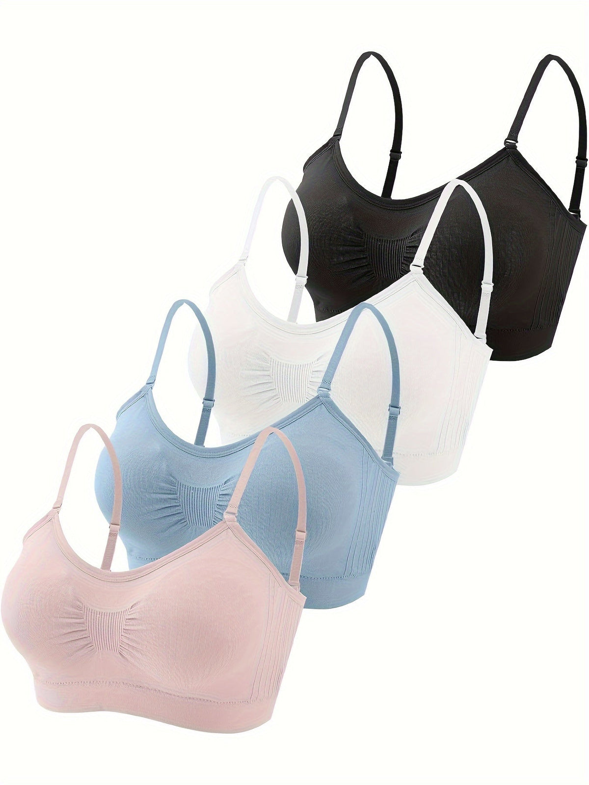 V-Neck Padded Bralette Cami Bra 4 Pack – Wireless Tank Top Sports Bra with Adjustable Straps for Women, Soft Padded Everyday Bralette Set, Sizes S-XL, Colors Rust, Beige, Green, Blue