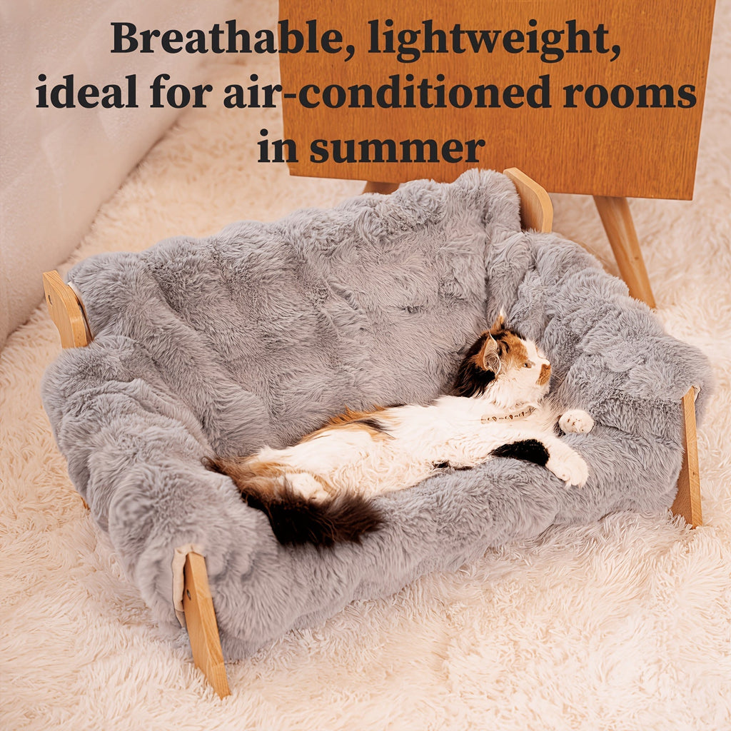 Elevated Pet Sofa Bed Solid Wood Frame Bamboo Mat Replaceable Fleece Mattress Modern Lounge Chair for Small Medium Dogs Cats Gray White Bamboo Style