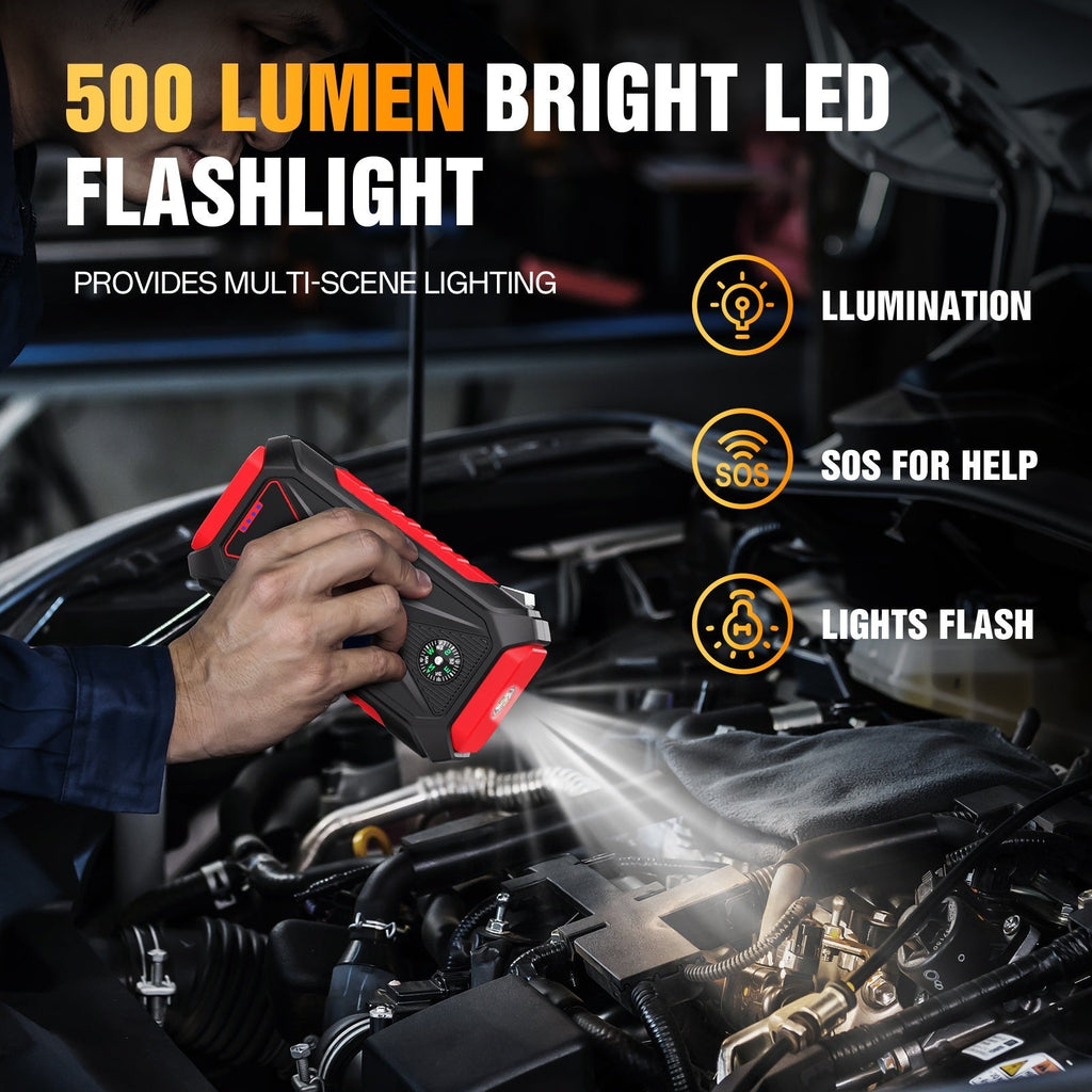 5000A Peak Jump Starter 12V Portable Car Battery Starter for Gas & Diesel Engines – LED Flashlight, SOS Light, Safety Hammer, Compass & USB Power Bank, 74WH Lithium Battery