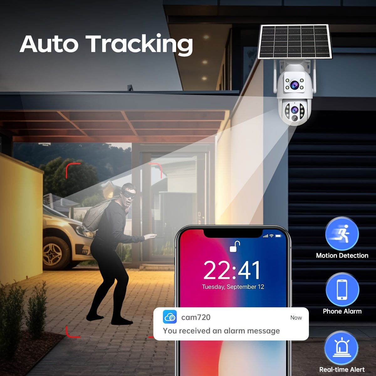 Solar Security Camera Outdoor 360 Degree PTZ 1296P HD Dual Lens Color Night Vision Two-Way Audio Motion Detection WiFi SD Storage Rechargeable Battery Wall Mount