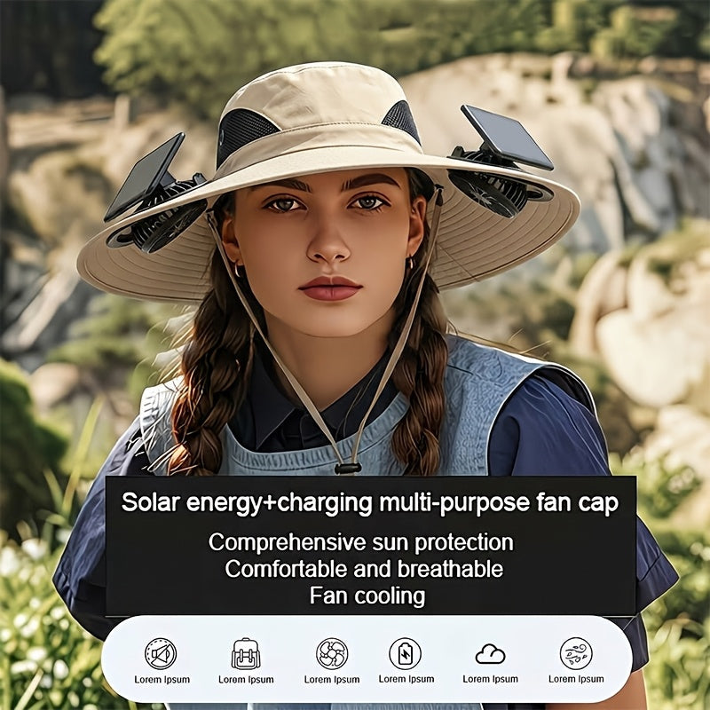 Solar Powered Cooling Fan Wide Brim Sun Hat with 2 Built-In Solar Fans – Adjustable Wind Speed Breathable Mesh UV Protection Outdoor Hat with Chin Strap for Fishing Camping & Hiking