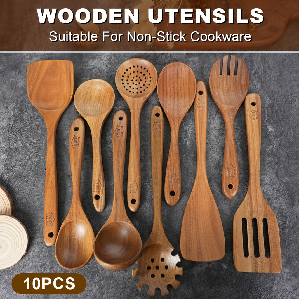 10-Piece Natural Teak Wooden Kitchen Utensils Set - Cooking Spoons, Spatulas & Shovel, Non-Stick Safe, Heat Resistant, Eco-Friendly Wood Cookware Tools for Home Kitchen