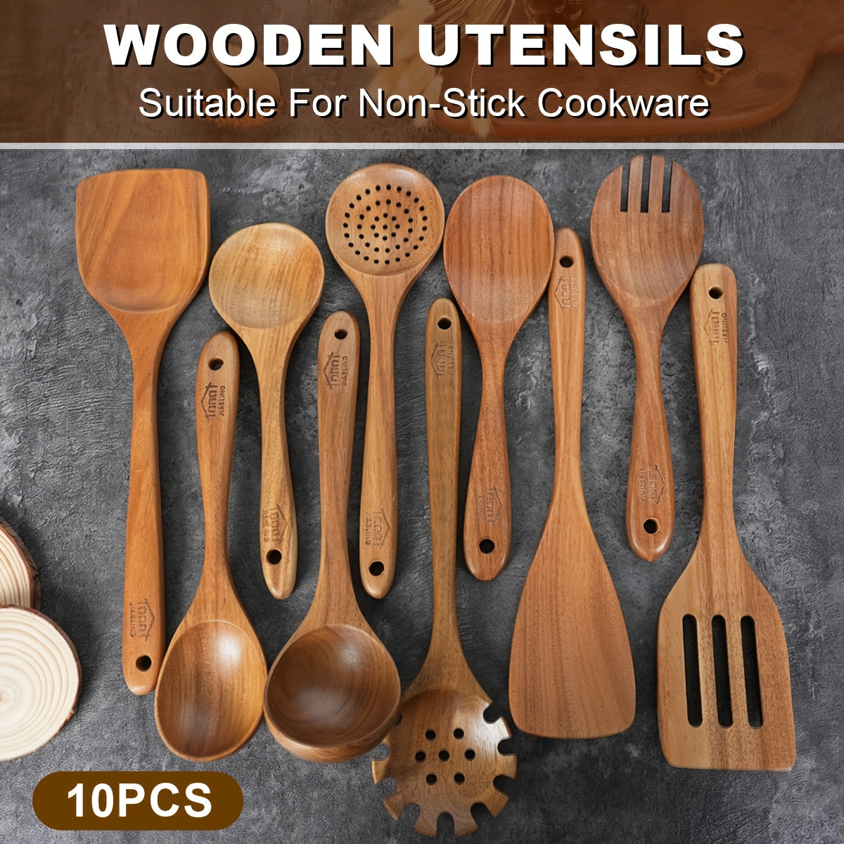 10-Piece Natural Teak Wooden Kitchen Utensils Set - Cooking Spoons, Spatulas & Shovel, Non-Stick Safe, Heat Resistant, Eco-Friendly Wood Cookware Tools for Home Kitchen