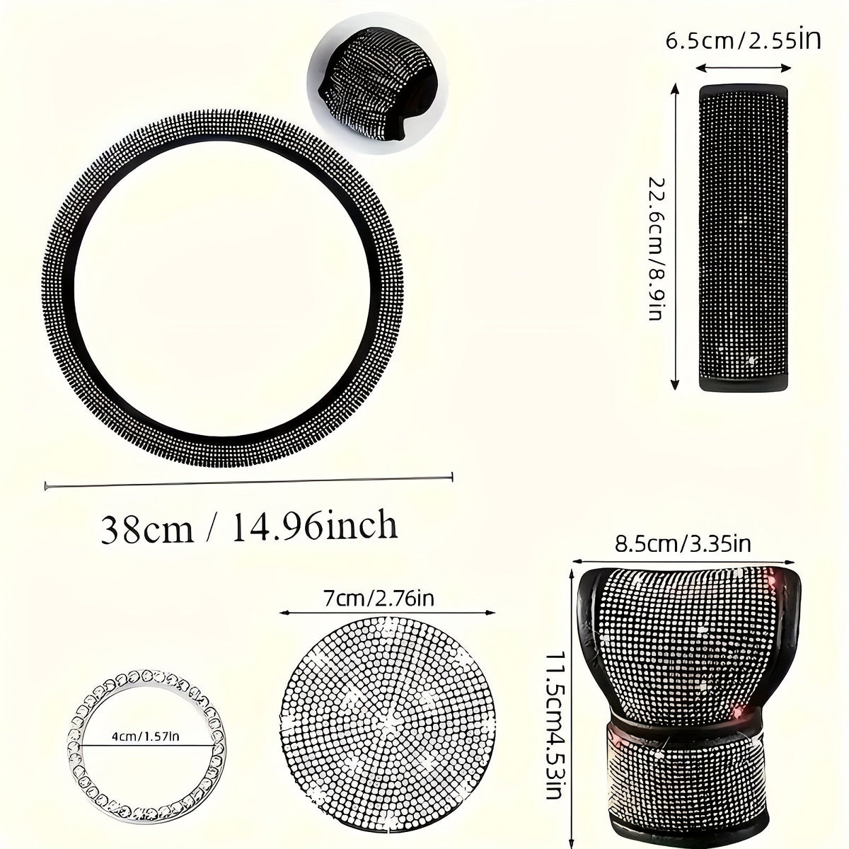 8pc Rhinestone Bling Car Accessories Set for Women – Steering Wheel Cover, Coasters, Seatbelt Pads, Starter Rings & Shift Knob Cover, 7 Colors, Sparkly Glitter Interior Kit