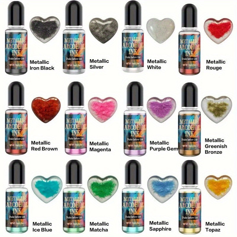 12 Color Metallic Alcohol Ink Set for Epoxy Resin Art – Concentrated Glitter Alcohol Pigment Dye for Resin Petri Dish Cup Making Coasters Jewelry 0.34 oz per Bottle