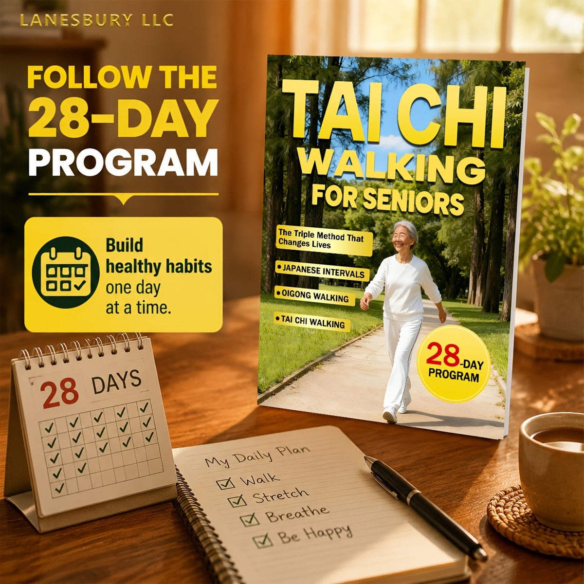 Tai Chi Walking for Seniors Book – 28-Day Triple Method for Gentle Weight Loss with Japanese Interval Walking & Qigong, Low-Impact Fitness Guide for Older Adults