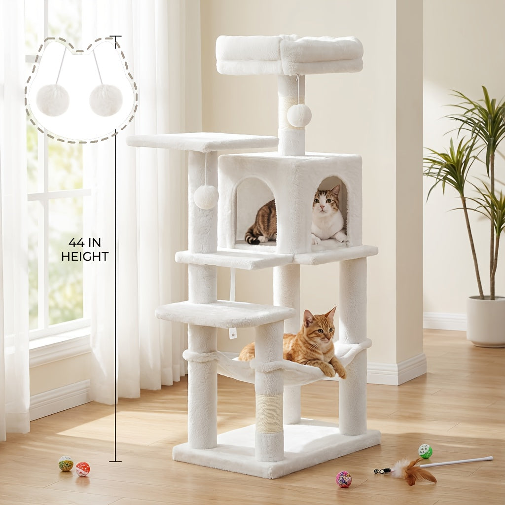 Cat Tree Tower 44 or 66 Inch Multi-Level Hammock Cozy Cave 4 Sisal Posts 2 Perches Anti-Tilt 10-Min Assembly Indoor Cats Kittens Multi-Cat Dark Gray Light Gray White Beige