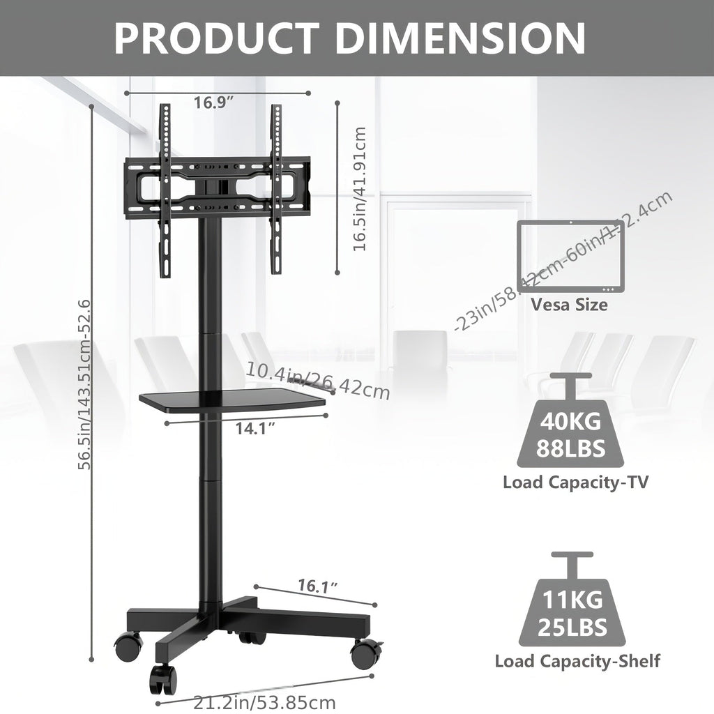 Rolling TV Stand Cart on Wheels for 23-60 Inch TVs Height Adjustable 88lb VESA 400x400 Media Shelf 360 Locking Wheels No Wall Drilling Mobile TV Mount