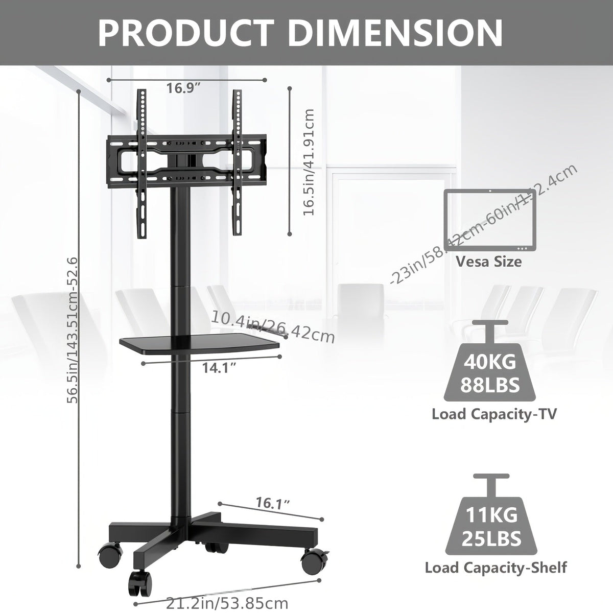 Rolling TV Stand Cart on Wheels for 23-60 Inch TVs Height Adjustable 88lb VESA 400x400 Media Shelf 360 Locking Wheels No Wall Drilling Mobile TV Mount