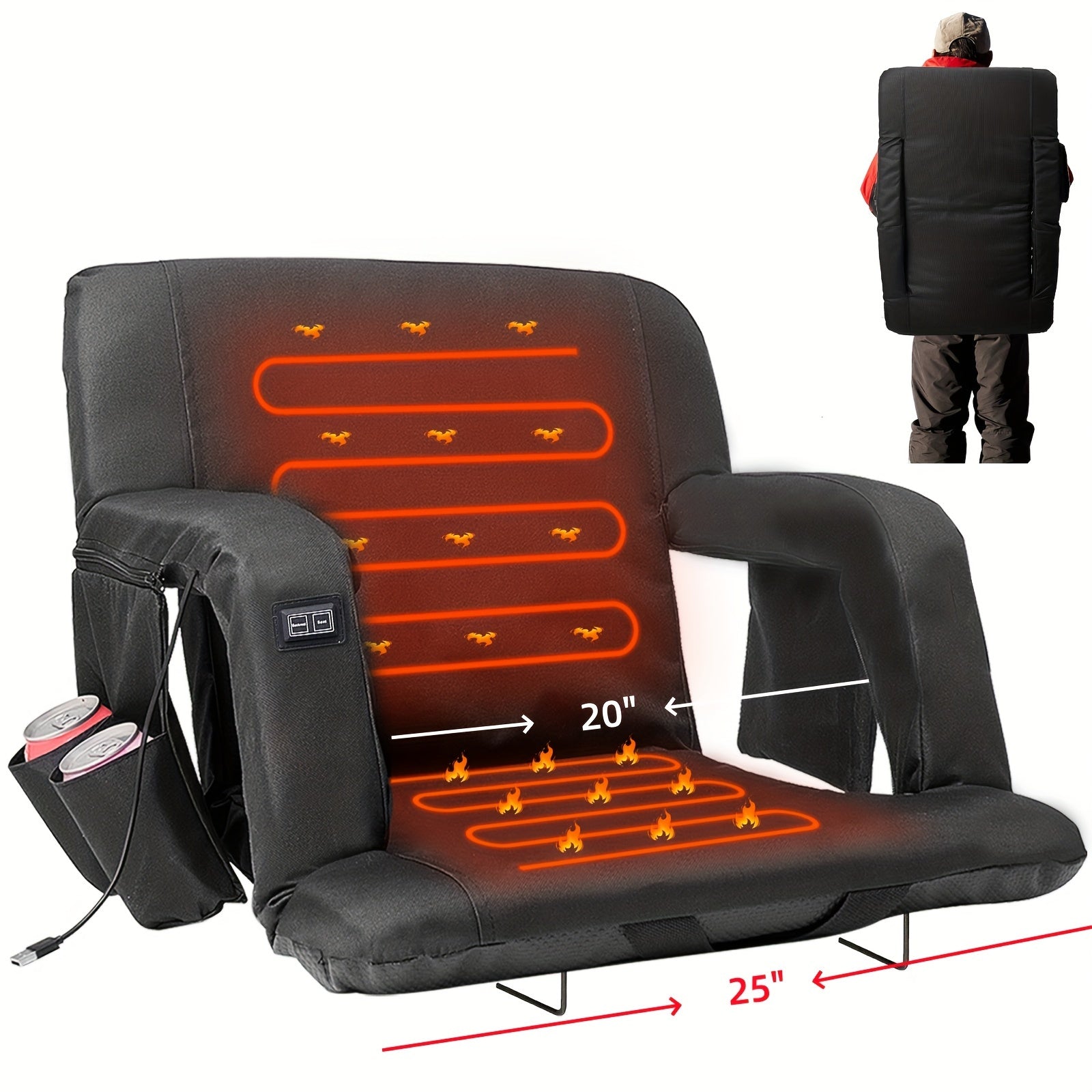 LILYPELLE Double Heated Stadium Seat with Back & Arm Support – Portable Bleacher Seat with 6 Reclining Positions, USB Heated Cushion for Sports Events, Outdoor Games, Travel & Hiking (Power Bank Not Included)