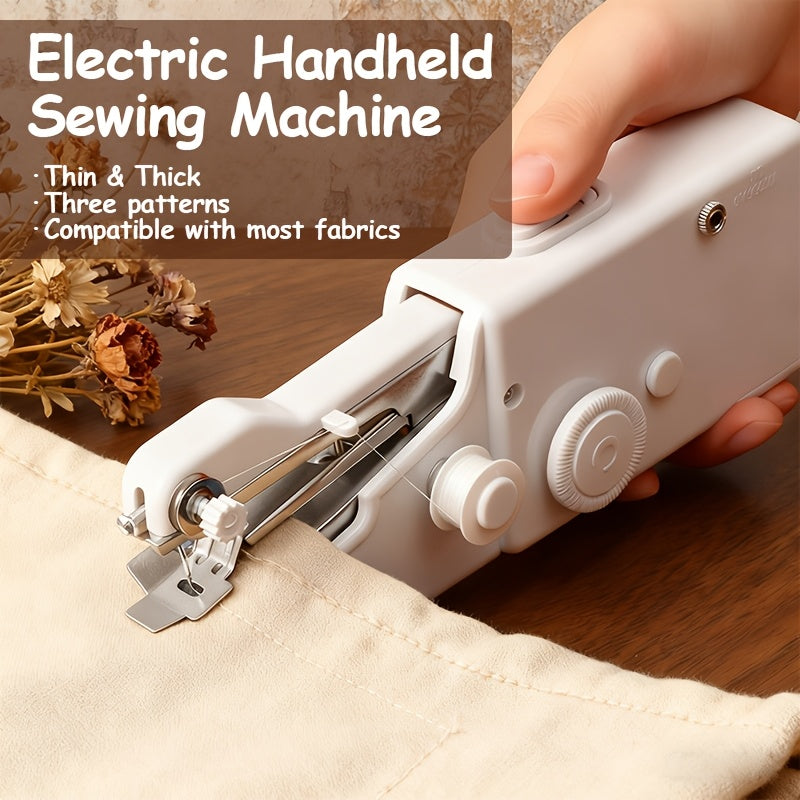 Compact Handheld Sewing Machine Kit Portable Battery Powered – Quick Repair Tool with Needles Bobbins Thread Spool Needle Threader and Fabric Sample for Clothes Garments Curtains and DIY Sewing Projects – White or Black