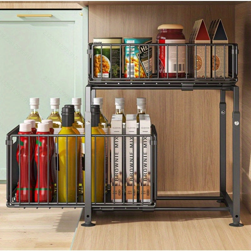 Under Sink Organizer 2-Tier Pull-Out Cabinet Shelf with Adjustable Height, Sturdy Carbon Steel Kitchen Storage Rack, Space-Saving Bathroom & Pantry Cabinet Organizer for Kitchen Organization