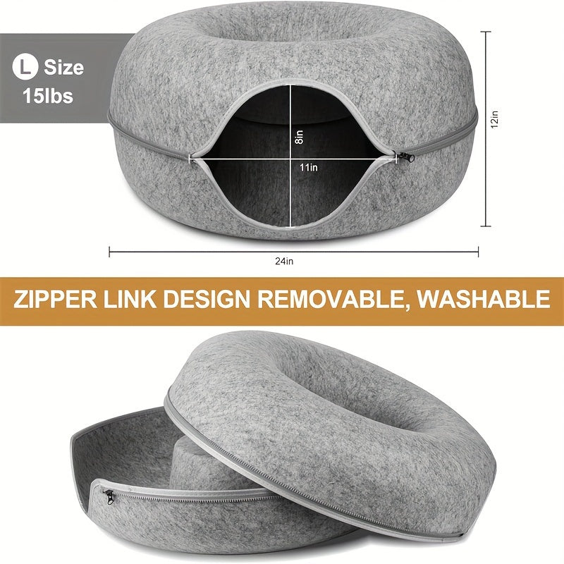 Cat Tunnel Bed with Donut Hole Indoor Hiding Place - All-Season Collapsible Soft Plush Cat Cave Bed for Indoor Cats, Dark Gray & Light Gray, 20 & 24 Inch, Perfect Cat Gift