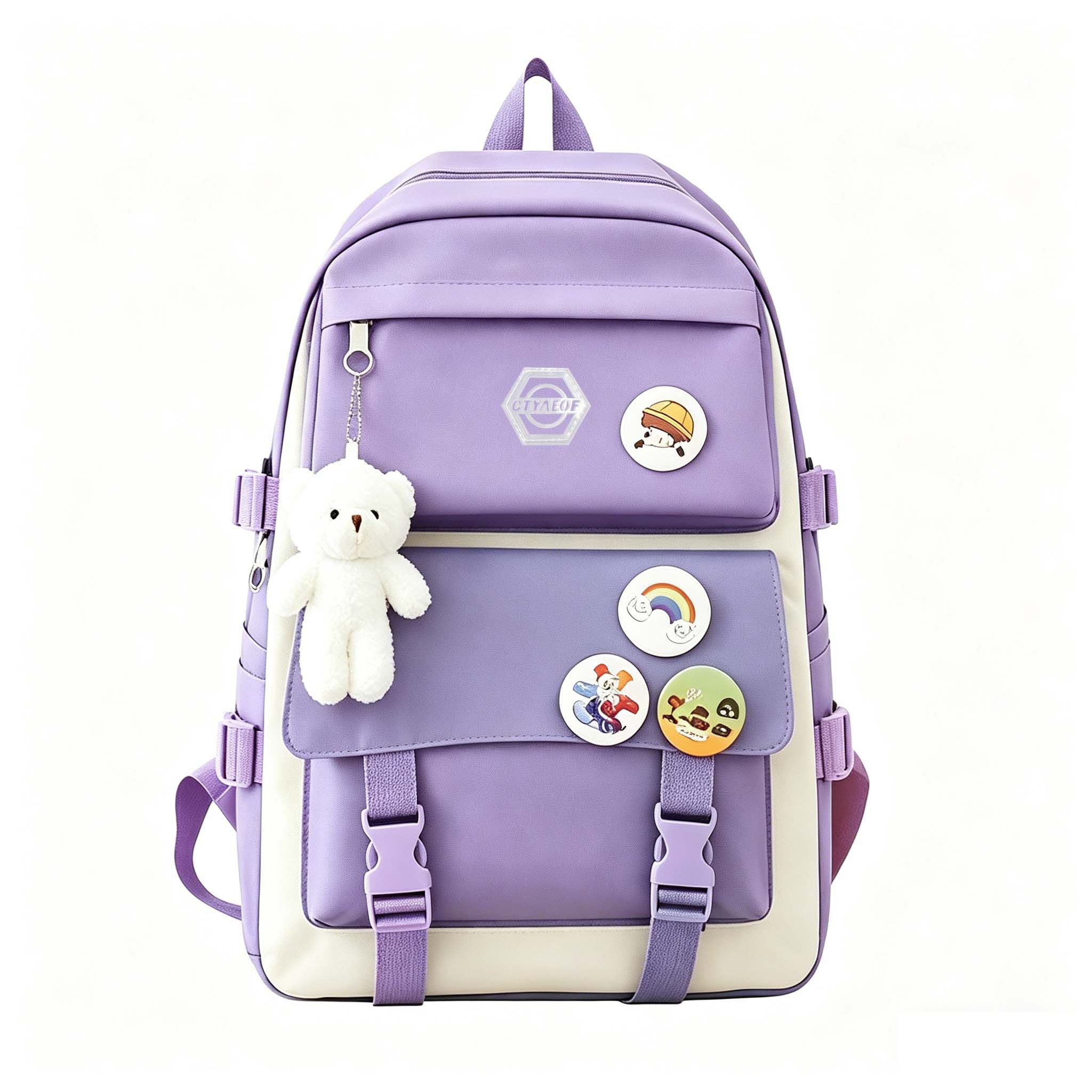 Cute 5-Piece Girls School Backpack Set – Lightweight Daypack with Matching Tote Bag Pencil Case & Coin Purse, Durable Adjustable Student Bag for School Hiking Travel, Purple Black Pink Blue