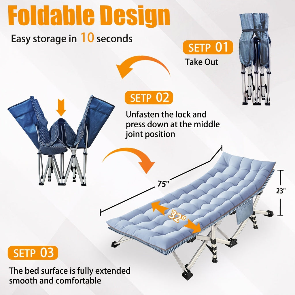 Camping Cot with Mattress XXL 32 Inch Wide 1200D Oxford Heavy-Duty Folding – Extra Wide Portable Outdoor Sleeping Cot with Carry Bag for Adults, Camping Hiking Travel & Guest Use