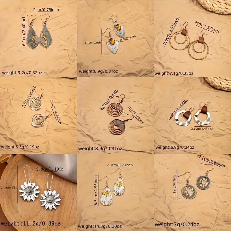 9-Pair Bohemian Geometric Earrings Set for Women – Wooden Leather Retro Sunflower Circular Multicolor Boho Dangle Earrings Gift Set Girls Ladies Festival Daily Wear Christmas Birthday
