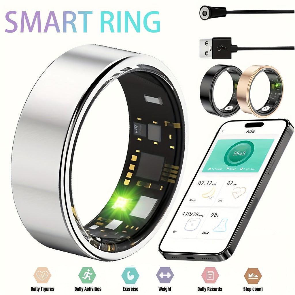 Smart Ring with Camera Control for Women & Men – IP68 Waterproof Fitness Tracker, Sleep Tracking, Step Counter, Exercise Monitoring, iPhone & Android Compatible, Black Rose Gold Silver Sizes 7–13