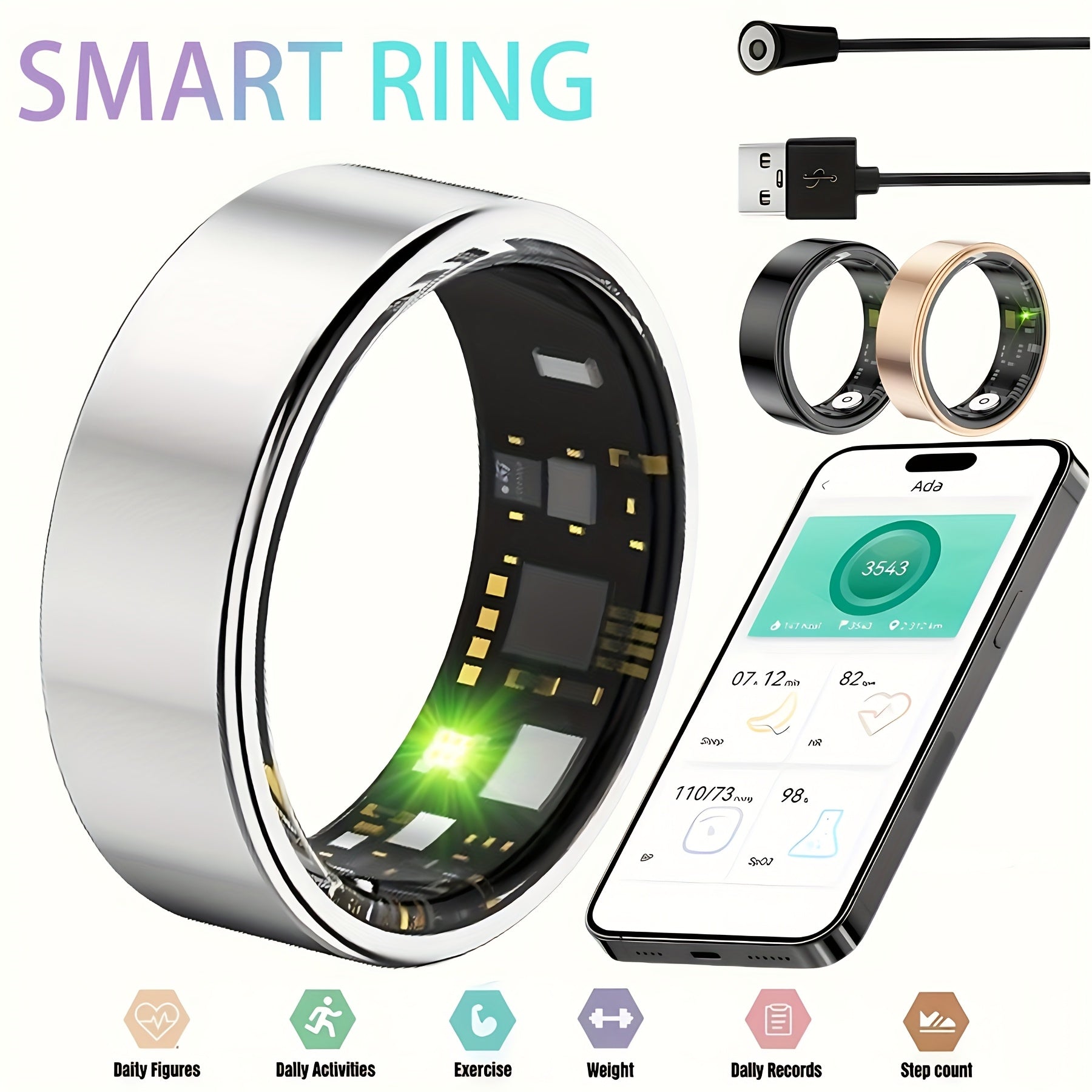 Smart Ring with Camera Control for Women & Men – IP68 Waterproof Fitness Tracker, Sleep Tracking, Step Counter, Exercise Monitoring, iPhone & Android Compatible, Black Rose Gold Silver Sizes 7–13