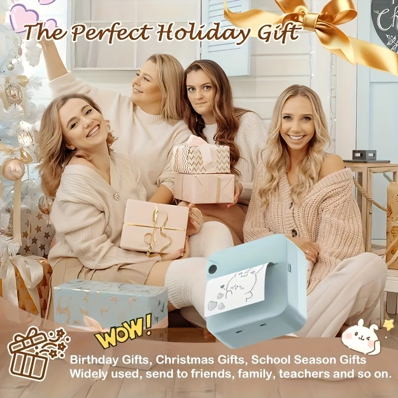 Portable Bluetooth Thermal Printer Mini Pocket Ink-Free Prints Photos Notes Stickers Diaries Labels Rechargeable Includes Thermal Paper Roll Blue Pink Black White