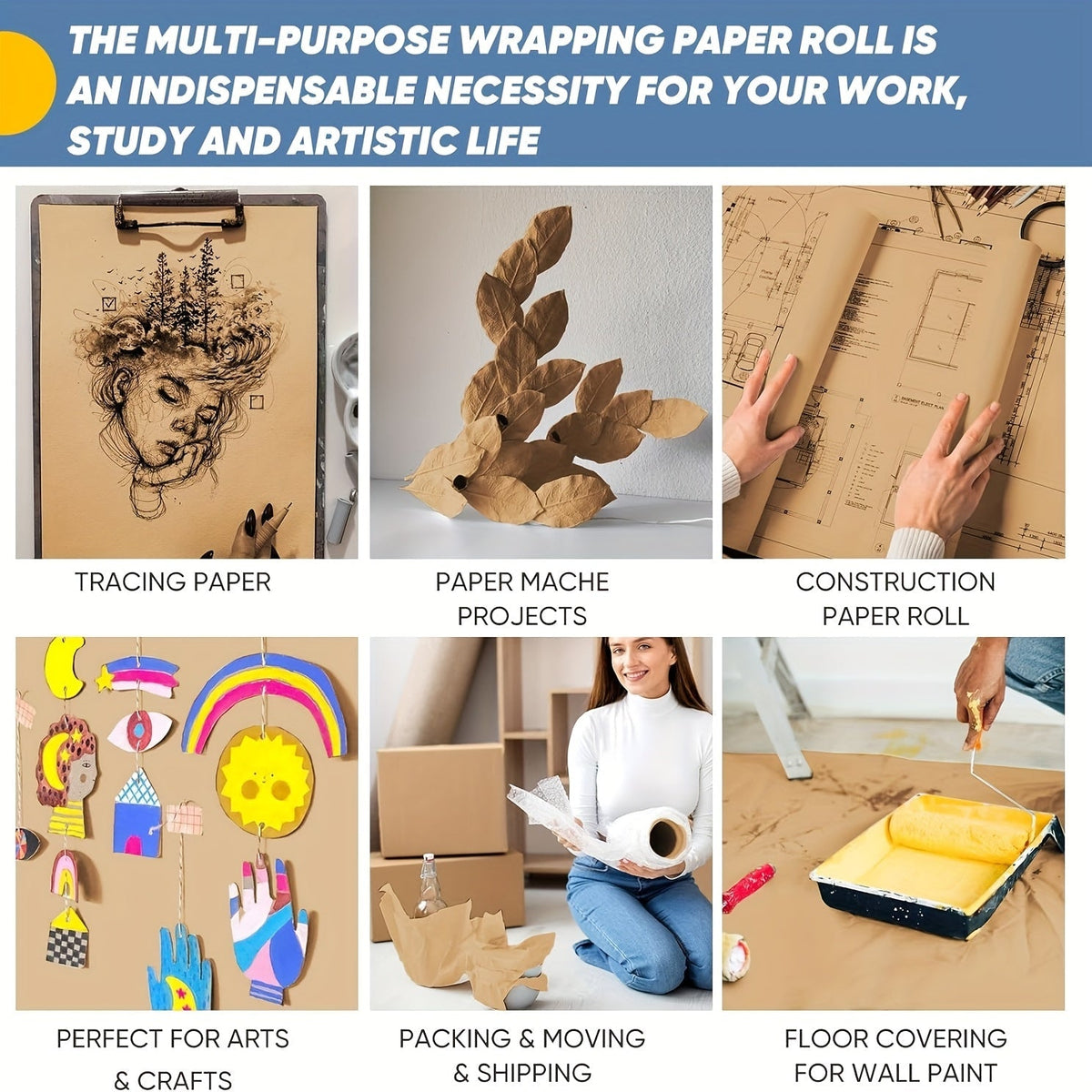 Kraft Paper Roll 80 GSM Heavy Duty for Gift Wrapping Packing Moving Shipping Wall Art Crafts Bulletin Board Floor Cover Table Runner Multiple Sizes Colors Brown White Red Black Pink Green