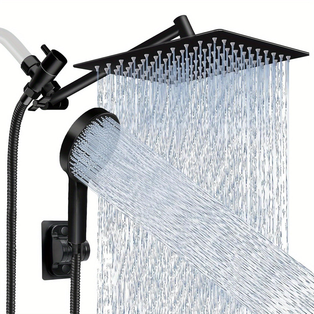 High Pressure Rainfall Handheld Shower Head Combo 8 10 12 Inch Extension Arm 9 Spray Settings 180 Degree Adjustable Anti-Leak Silicone Nozzles for Home Bathroom Upgrade Chrome Matte Black
