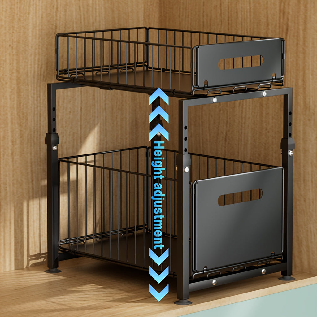 Under Sink Organizer 2-Tier Pull-Out Cabinet Shelf with Adjustable Height, Sturdy Carbon Steel Kitchen Storage Rack, Space-Saving Bathroom & Pantry Cabinet Organizer for Kitchen Organization
