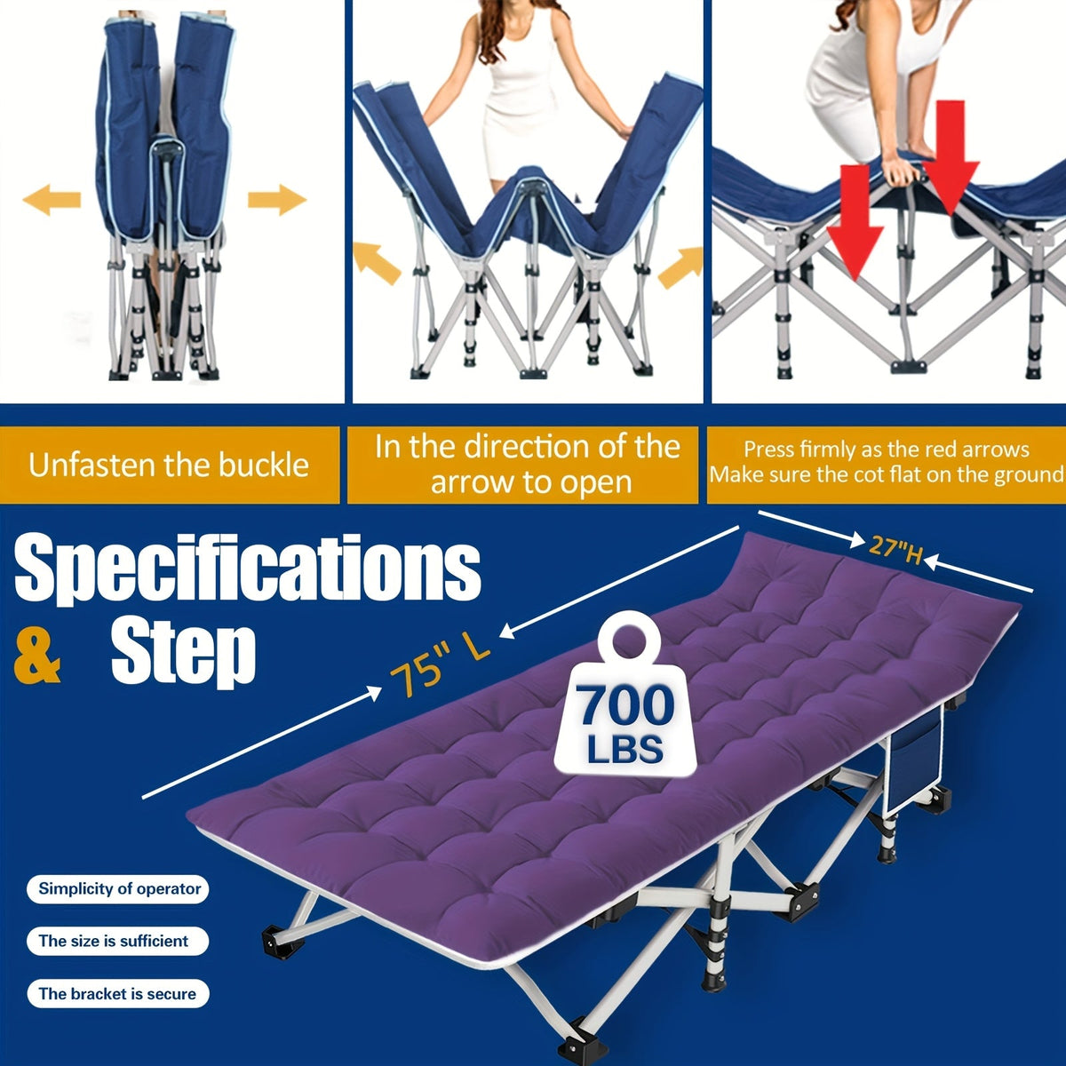 XXL Folding Camping Cot with Mattress Pad 36"x80" Heavy Duty 700-900 Lbs Capacity - Oversize Portable Sleeping Cot with Carry Bag for Camping, Guest Bed, Travel & Outdoor Use