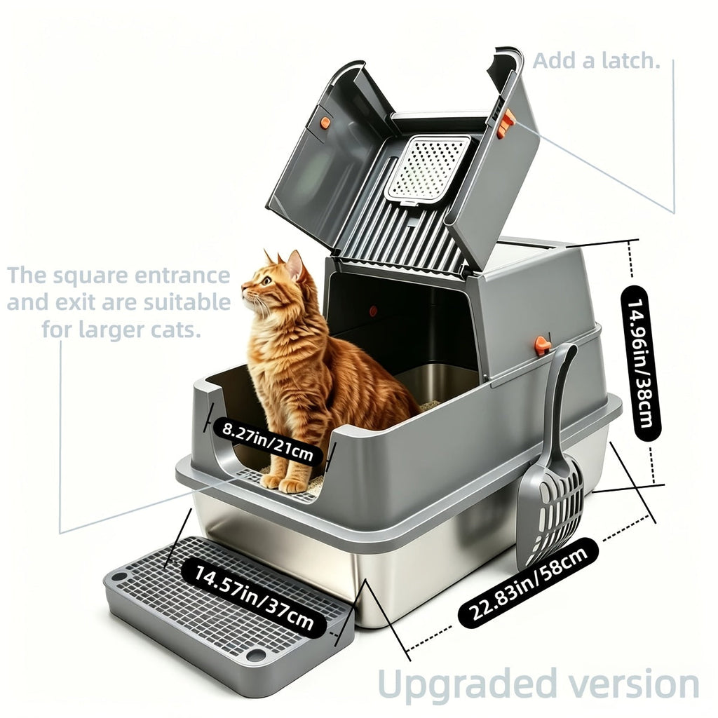 XL Stainless Steel Enclosed Cat Litter Box with Flip Top Lid & High Sidewalls – 3-in-1 Anti-Scatter Metal Litter Pan for Large Cats & Multi-Cat Households