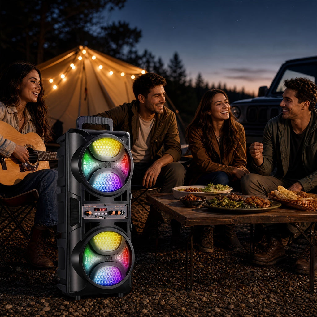 Portable Wireless PA Speaker System with Wired Microphone & RGB Lights – 6.5" Dual Woofer or 8" Subwoofer, FM Radio, USB/SD, Rolling Wheels for Party, DJ, Wedding & Meetings