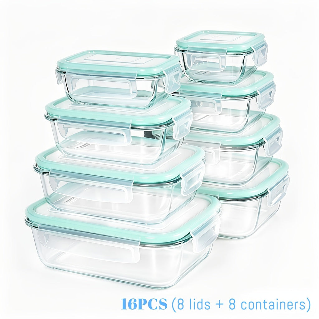 Glass Food Storage Containers with Lids 16-Piece Set (8 Containers + 8 Lids), Airtight Meal Prep Containers Microwave Oven Freezer Safe, Lunch Boxes for Salads Fruits Vegetables Sandwiches Leftovers