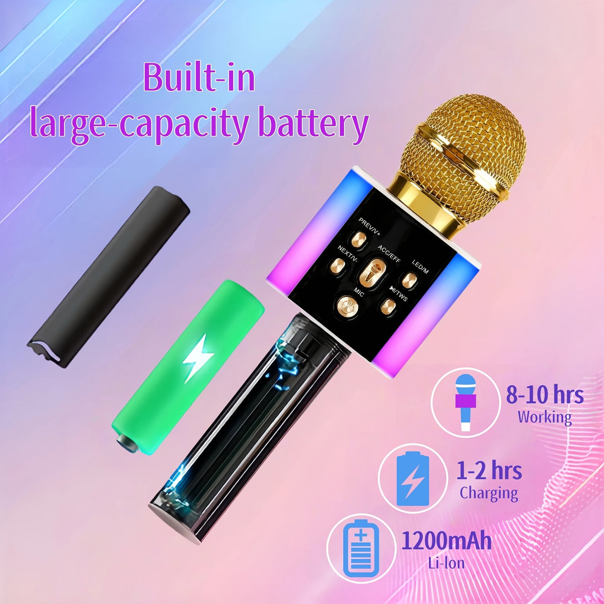 5-in-1 Wireless Karaoke Microphone with Built-In Speaker, LED Lights & Voice Changer – Portable Bluetooth Singing Mic for Parties, Family Gatherings, Travel & Outdoor Fun, 10 Colors