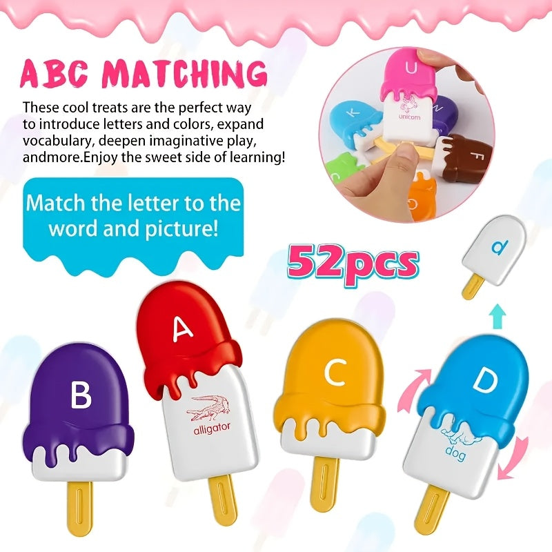 Ice Cream Preschool Learning Toy Set 52 Pieces Counting Color Sorting Stacking ABC Uppercase Lowercase Letters Montessori Educational Toy for Toddlers Preschoolers Ages 3 and Up Birthday Gift