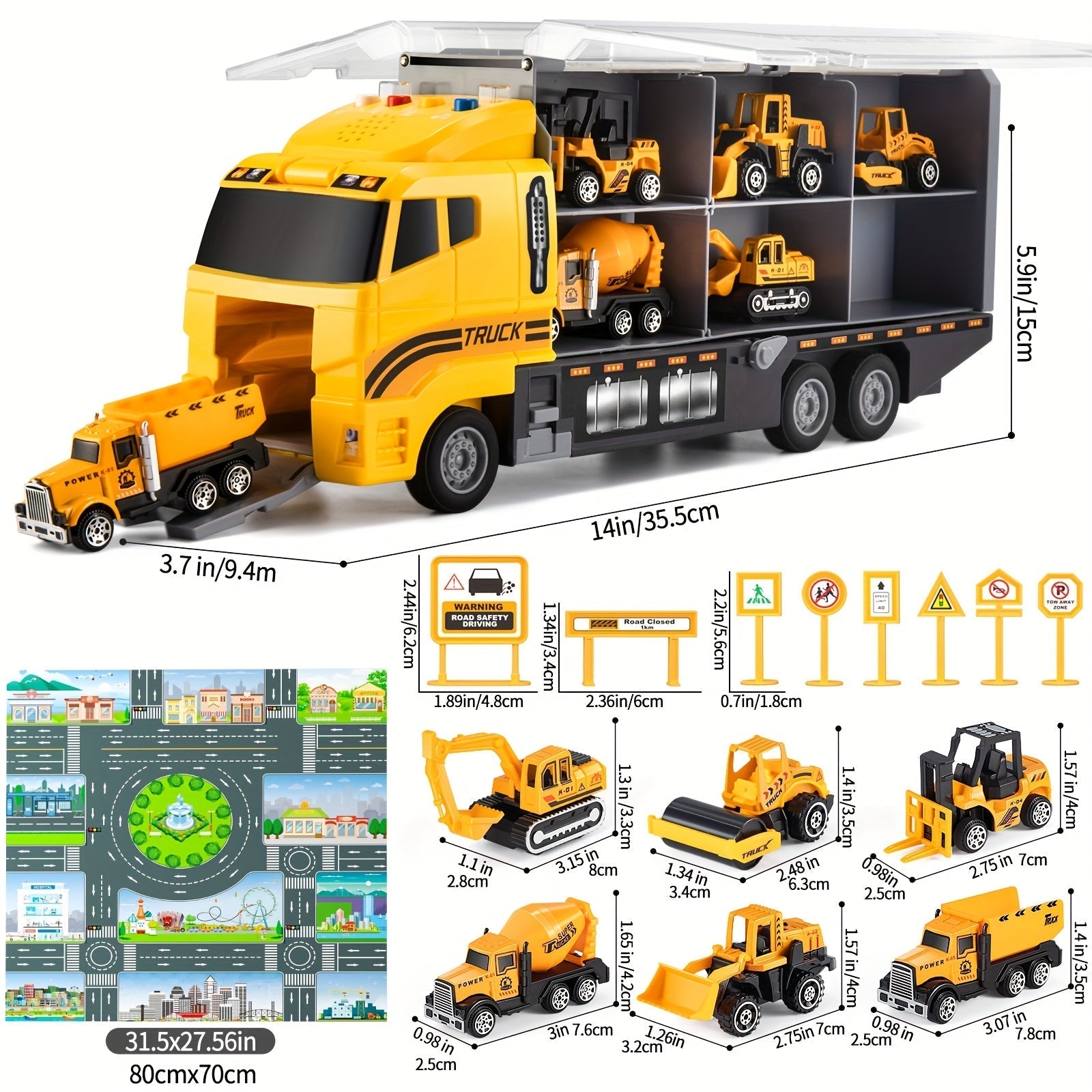 13-in-1 Construction Truck Toy Set with Die-Cast Cars, Play Mat & Transport Carrier – Kids Vehicle Playset for Ages 3+, Perfect Christmas & Birthday Gift