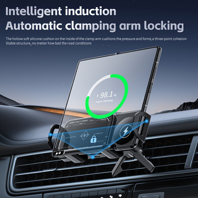 15W Wireless Car Charger Mount Auto-Clamping for Samsung Galaxy Z Fold6 Fold5 Fold4 iPhone 16 15 14 13 12 Pro Max – Electric Horizontal Vertical Adjustment Fast Wireless Charging Car Phone Holder 4.3"-6.9"