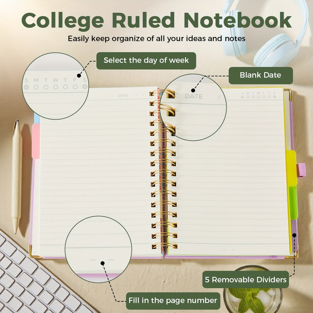 A5 Hardcover 5-Subject Spiral Notebook 300 College-Ruled Pages with Removable Divider Tabs Built-In Pocket 6.1x8.4 Inch Lined Journal for Students Work School Note Taking Purple Green Pink Black