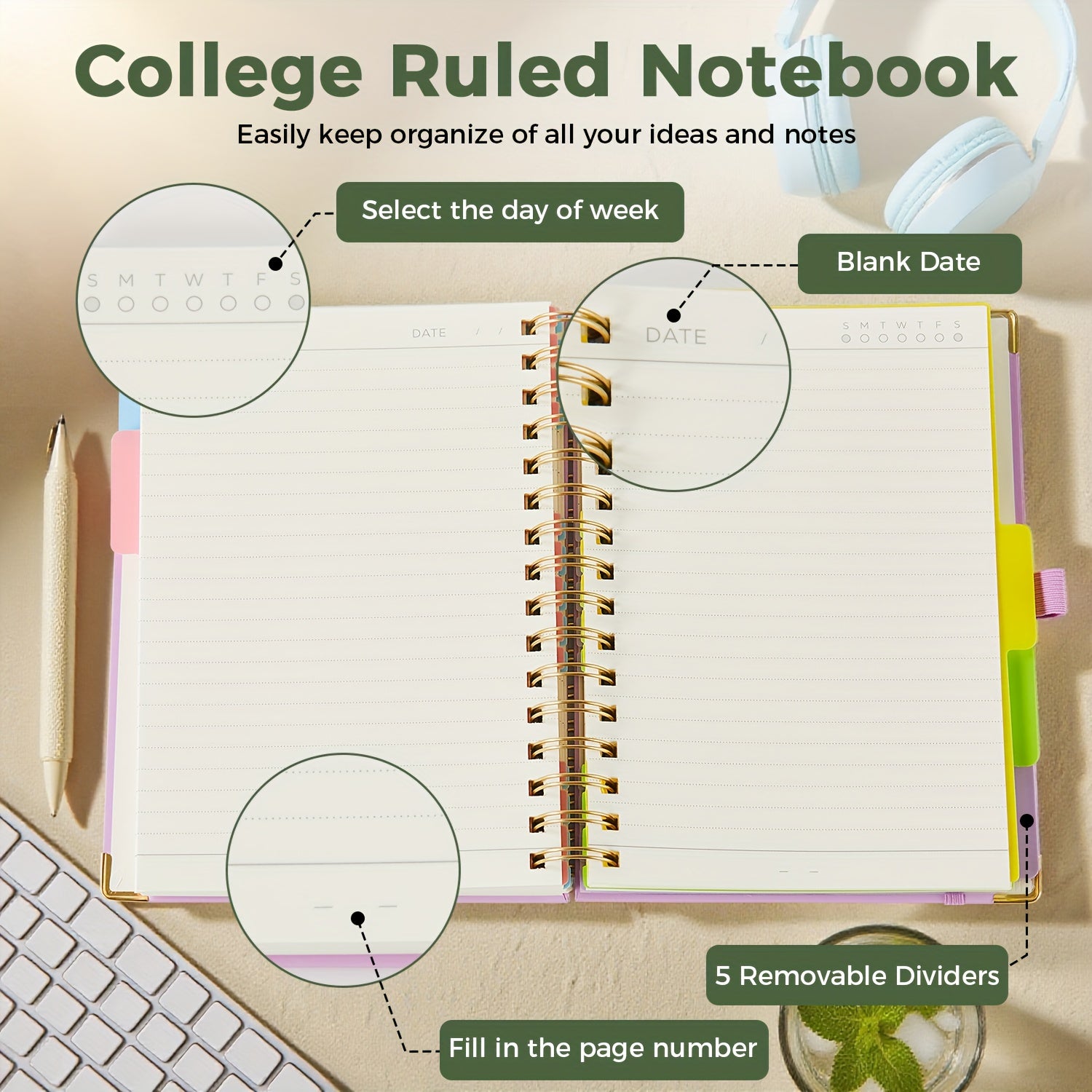 A5 Hardcover 5-Subject Spiral Notebook 300 College-Ruled Pages with Removable Divider Tabs Built-In Pocket 6.1x8.4 Inch Lined Journal for Students Work School Note Taking Purple Green Pink Black