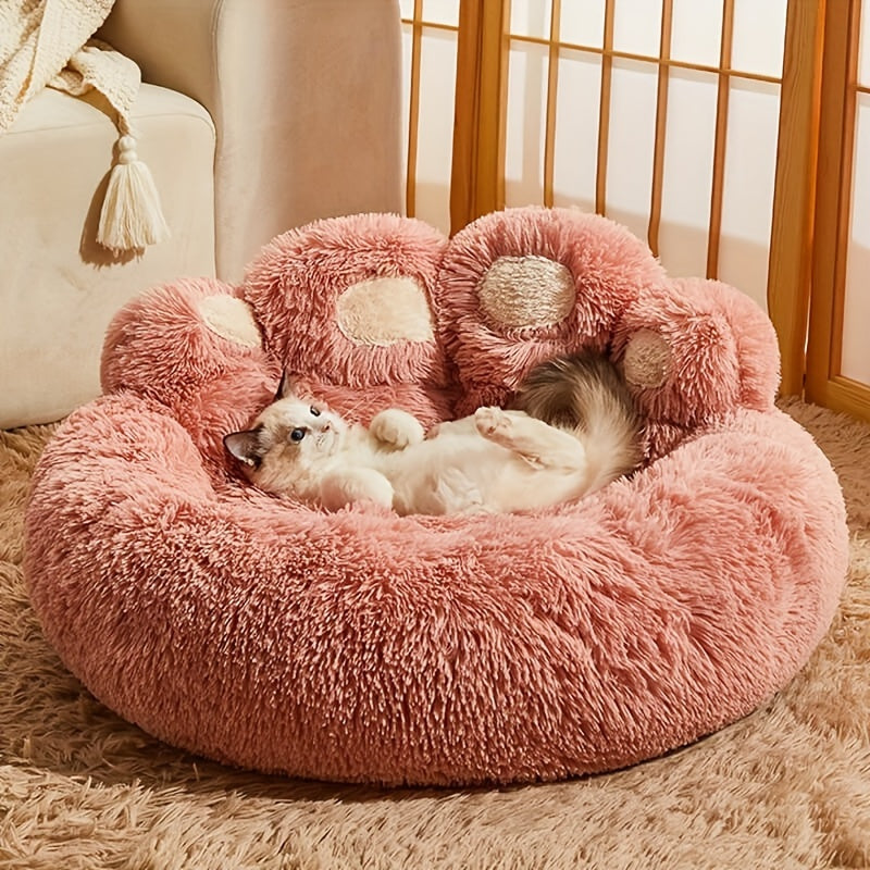 Bear Paw Plush Round Pet Bed for Dogs & Cats Soft Calming Non-Slip Cozy Puppy Bed – Small Medium Large, 20/24/28/36 Inch, Coffee Pink Gray