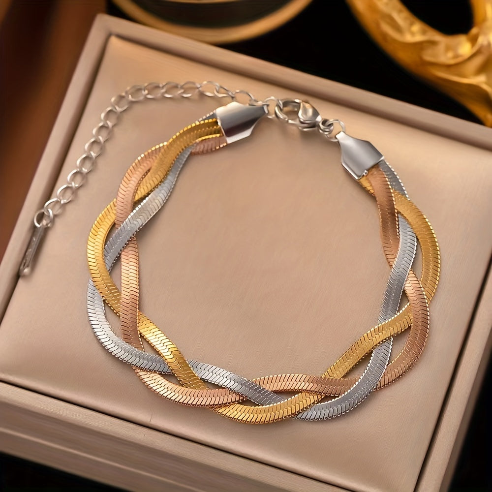 2-Piece Gold Stainless Steel Necklace Bracelet Set Women – Gold-Plated Tri-Color Hand-Woven French Minimalist Retro Style Daily Wear Holiday Party Gift