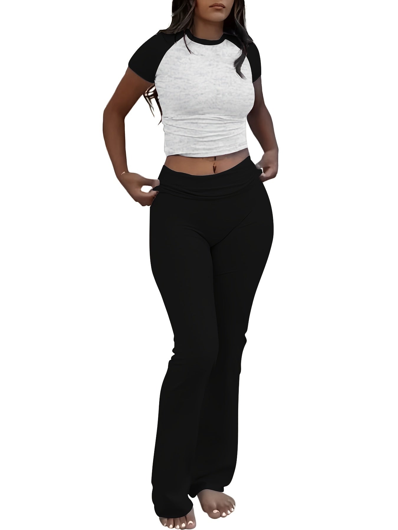 Women's Two-Piece Outfit Set Slim Fit Crew Neck Short Sleeve Tee & Skinny Flared Leg Pants – Casual Solid Color Matching Loungewear Tracksuit 9 Colors XS-XL