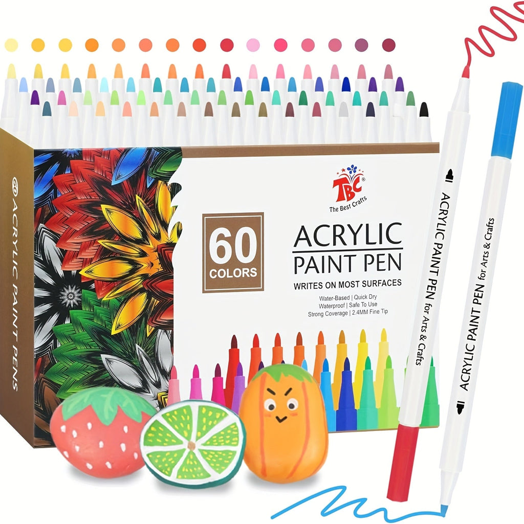 TBC 60 Color Acrylic Paint Brush Pens – Waterproof Non-Toxic Soft Tip Markers for Rock Painting, Glass, Wood, Fabric, Pottery, Canvas & DIY Crafts, Gift for Artists & Kids
