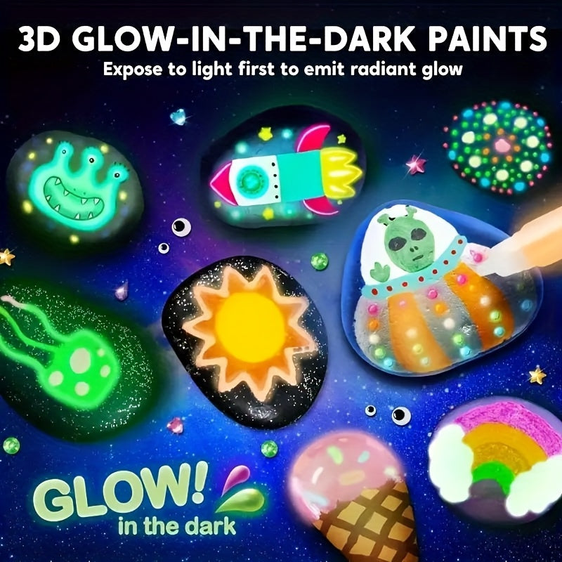 Glow in the Dark Stone Painting Kit for Kids – DIY Rock Art Craft Set with Luminescent Paint, Creative Outdoor Indoor Activity Gift for Boys Girls Birthday Party, Graffiti Painting Toy