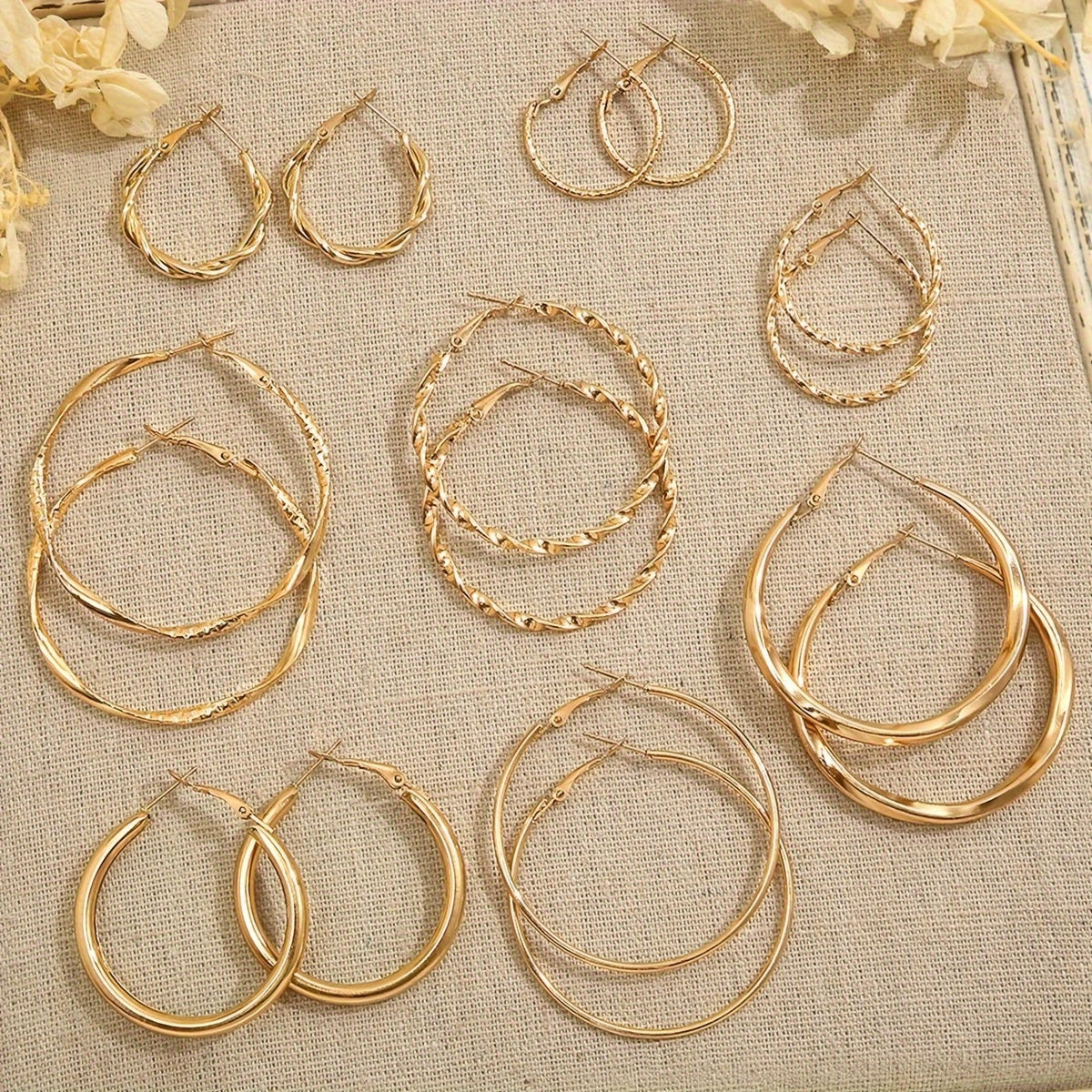 16-Piece Twisted Hoop Earrings Set Women – Wide Face Gold Tone Minimalist Jewelry Daily Wear Party Vacation Dating Gift