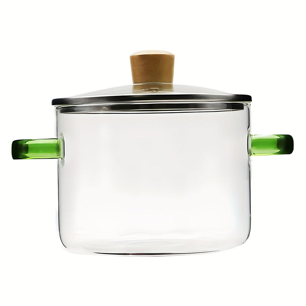 54oz Borosilicate Glass Soup Pot with Handle | Heat Resistant to 752°F | Stovetop & Oven Safe | Transparent Glass Cooker for Soup Congee Ramen Milk | Easy Clean Odorless | Green & Yellow Handle