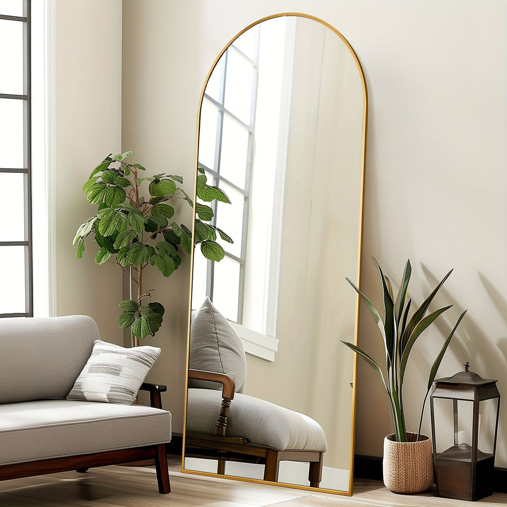 Arched Full Length Floor Mirror Freestanding Full Body Standing Mirror with Stand for Bedroom Living Room Cloakroom Wall Mountable 3 Sizes 2 Colors Black Gold