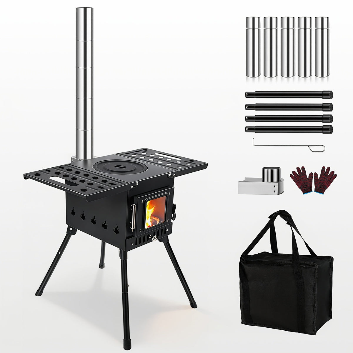 Portable Wood Burning Camp Stove – Compact Foldable Backpacking Stove for Hiking, Camping, Picnic & BBQ, No Fuel Canisters Needed, Smokestack Option, Black Green or Stainless Steel