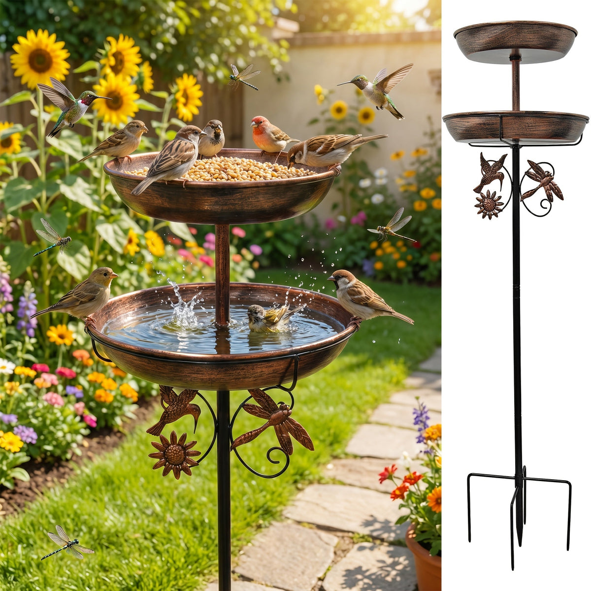 Iron Bird Bath & Feeder 2-in-1 Vintage Outdoor Garden Decor – Rust-Proof 5-Claw Ground Stake, All-Season Bird Drinking & Bathing Stand, Easy Clean Yard & Holiday Decoration