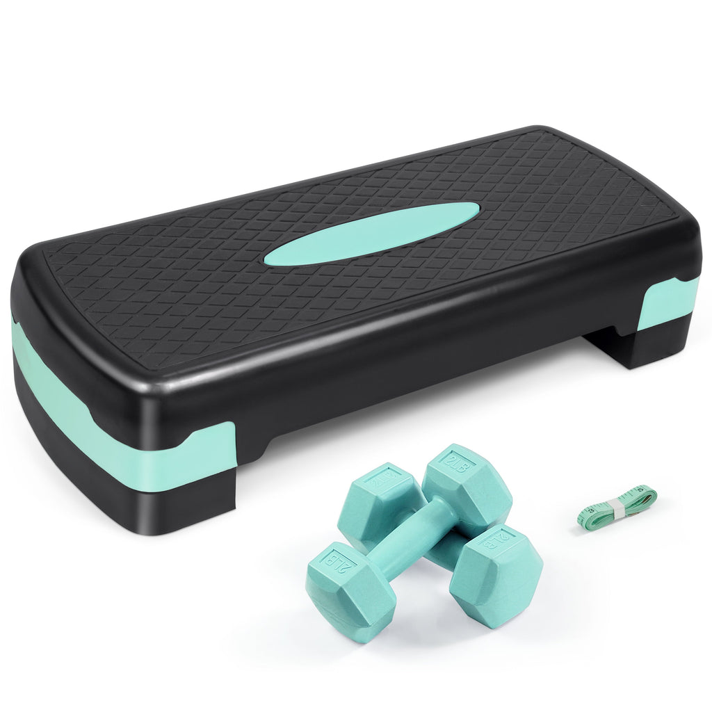 Adjustable Height Aerobic Stepper Set with 2 Dumbbells & Measuring Tape – Home Workout Exercise Step Platform with Level Risers, Non-Slip, 550 LB Capacity, 3 Colors Blue Green Pink